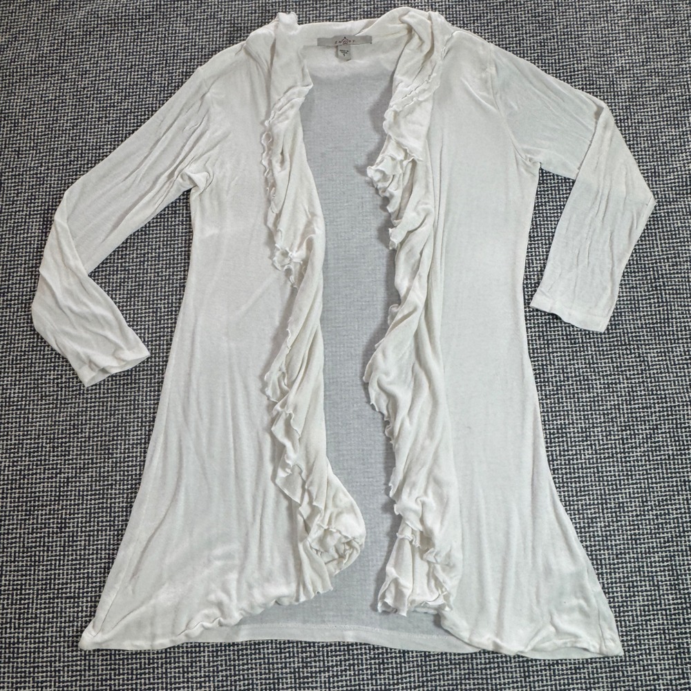 Fever White Ruffle Front Open Cardigan Lightweight Long Sleeve Knit Small